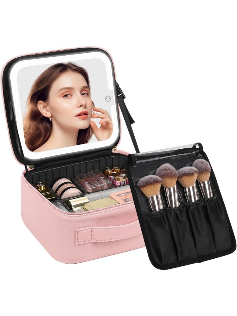 LED Makeup Bag with Mirror, Pink Cosmetic Organizer, Removable Brush